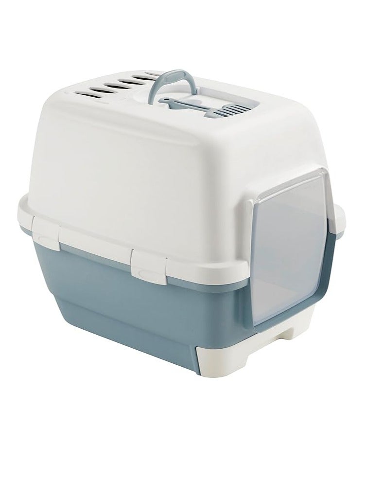 صندوق قمامة القطط المغطى الذكي من ستيفان بلاست كاثي - أزرق/أبيض فولاذي، واسع وسهل التنظيف، مزود بباب متأرجح وفلتر كربون للتحكم في الروائح. - Image 1