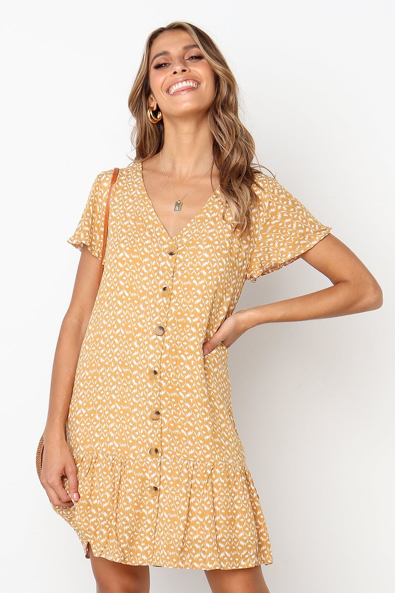 European and American cross-border special for 2019 summer new fashion V-neck button print short-sleeved dress YS8101137 yellow L - Image 5