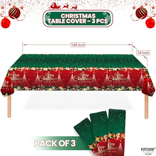 KatchOn Red and Green Disposable Christmas Tablecloth 108x54 Inch Pack of 3 Merry Christmas Decorations Indoor Xmas Decorations Holiday Table Decorations - Image 3