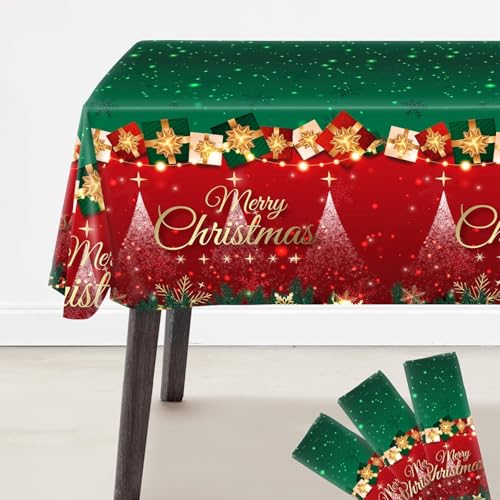 KatchOn Red and Green Disposable Christmas Tablecloth 108x54 Inch Pack of 3 Merry Christmas Decorations Indoor Xmas Decorations Holiday Table Decorations - Image 1