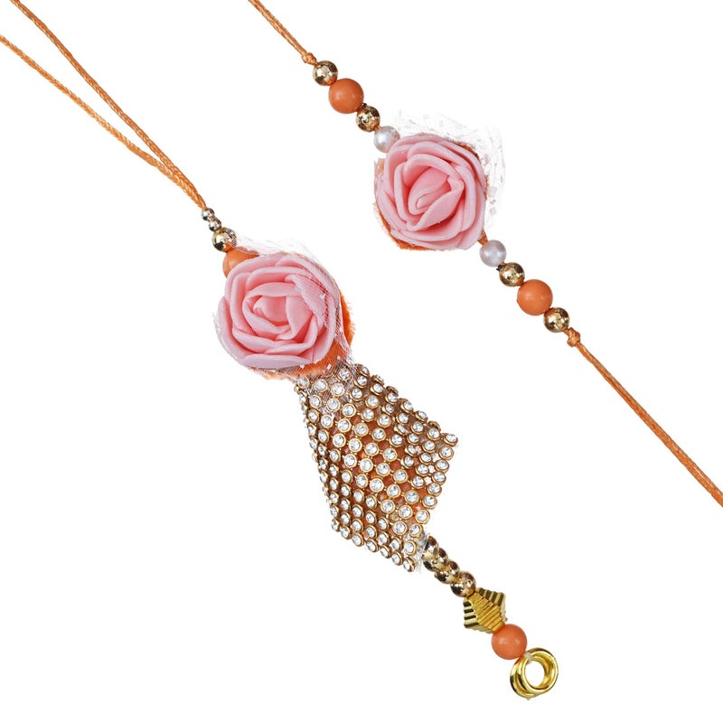 iinfinize Rakhis Set for Brother and Bhabhi | Floral Pearl Kundan Charming Lumba Rakhi Set For Bhai Bhabhi | Celebrate Raksha Bandhan Handmade Beads Kundan Rakhis With Roli Chawal - Image 1