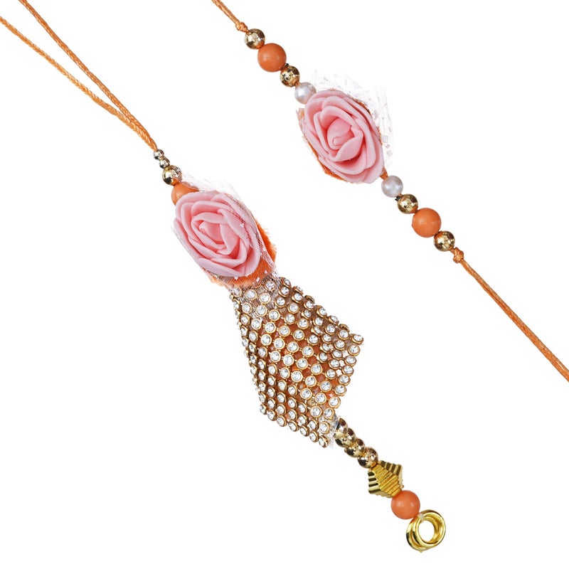 iinfinize Rakhis Set for Brother and Bhabhi | Floral Pearl Kundan Charming Lumba Rakhi Set For Bhai Bhabhi | Celebrate Raksha Bandhan Handmade Beads Kundan Rakhis With Roli Chawal - Image 2