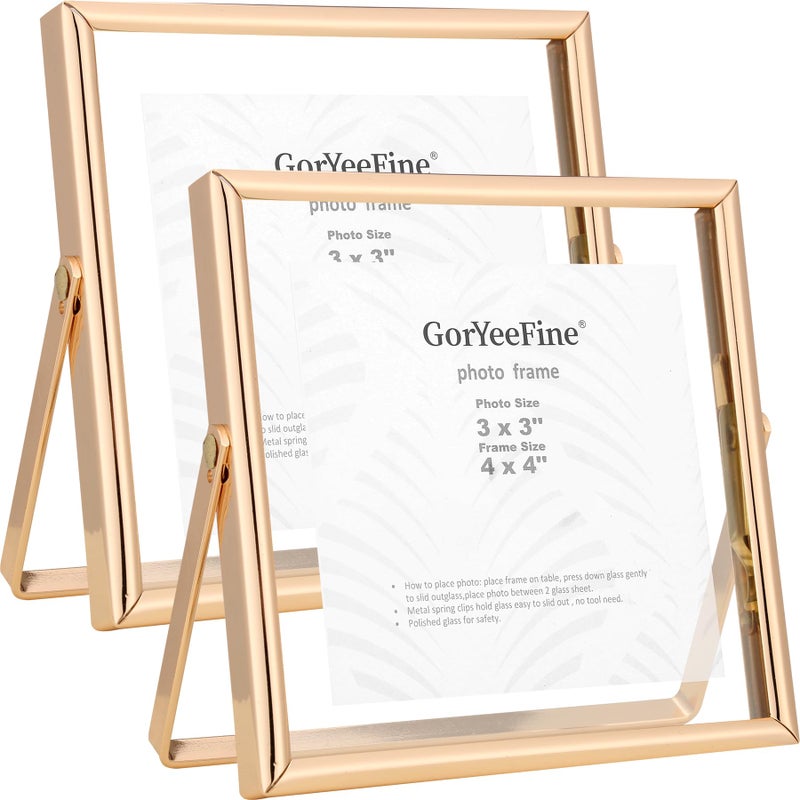 GorYeeFine إطاران ذهبيان عائمان مقاس 4x4 بوصة للصور مقاس 3x3 بوصة، إطار صور عائم قابل للتعديل يوضع على سطح الطاولة/الرف مقاس 3x3 بوصة، إطارات هدايا معدنية أنيقة لحفلات الزفاف، وعيد الشكر، وعيد الميلاد، وأعياد الميلاد، وديكور المنزل أو المكتب. - Image 1