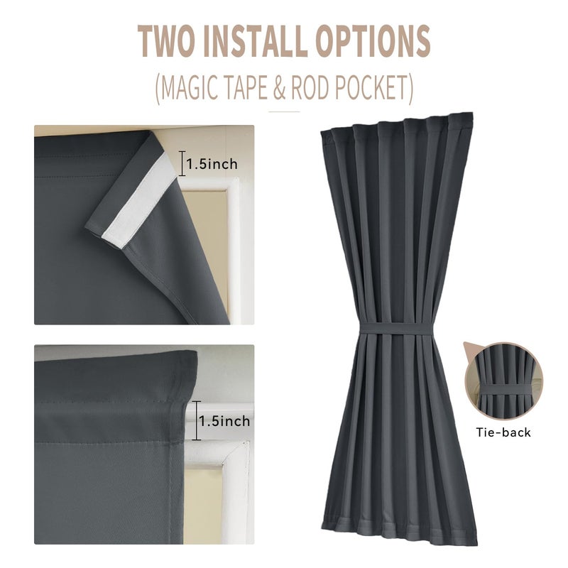 Vatge French Door Curtain - Thermal Insulated Window Curtain with Magic Tape for Glass Door  Front Door  Sliding Door  1 Panel  W54 x L40  Grey - Image 2