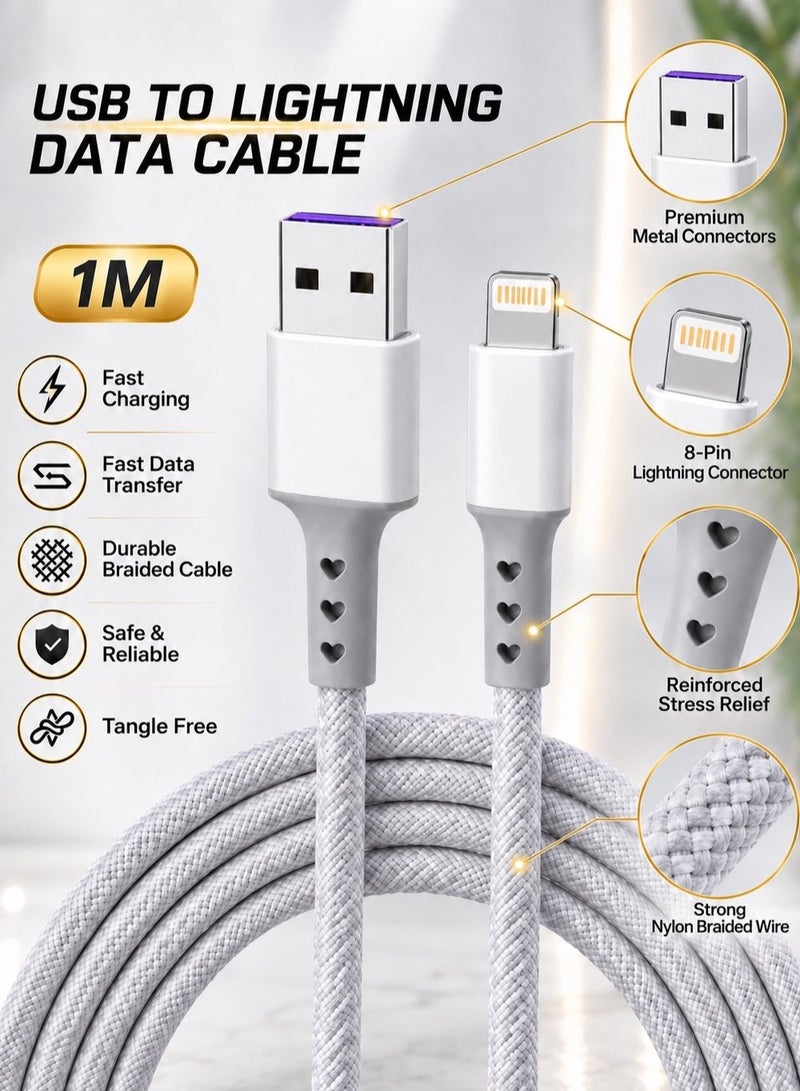كابل USB مضفر ممتاز للشحن السريع ونقل البيانات بتقنية Lightning لأجهزة Apple iPhone و iPad و iPod - موصل معدني ممتاز، نسيج مضفر متين وحماية طويلة الأمد للجهاز - Image 1