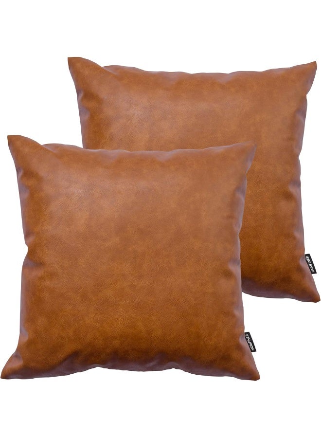 HOMFINER Faux Leather Throw Pillow Covers 20x20 inch Set of 2 Thick Cognac Brown Large Decorative Modern Boho Farmhouse Bedroom Living Room Square Cases for Couch Bed Sofa  - Image 1