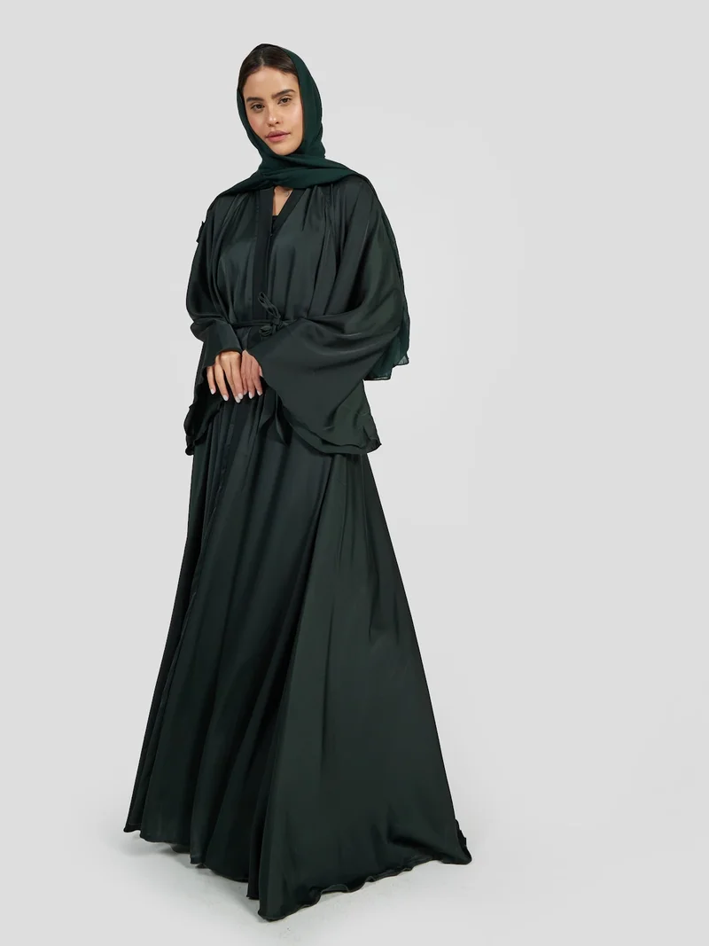 Reem Abayas Luxury Forest Green Satin Silk Abaya - Minimalist Elegant Modest Gown