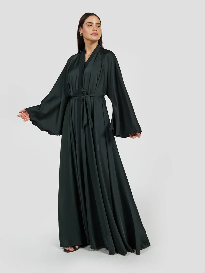Reem Abayas Luxury Forest Green Satin Silk Abaya - Minimalist Elegant Modest Gown