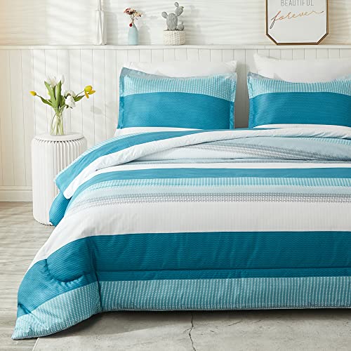 Litanika Litanika Full Comforter Set White Teal  3 Pieces Lightweight Fluffy Bedding Comforter Sets All Season Down Alternative Comforter 1 Comforter 2 Pillowcases 
