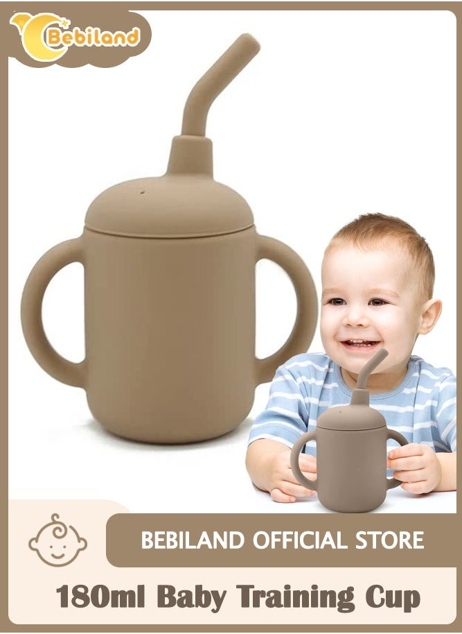 Bebiland Baby Training Cup 180ml, Silicone Sippy Cup with Handles, Lid and Straw, Spill Proof and Non-Slip Straw Cup for Babies and Toddler (Brown)  - Image 1