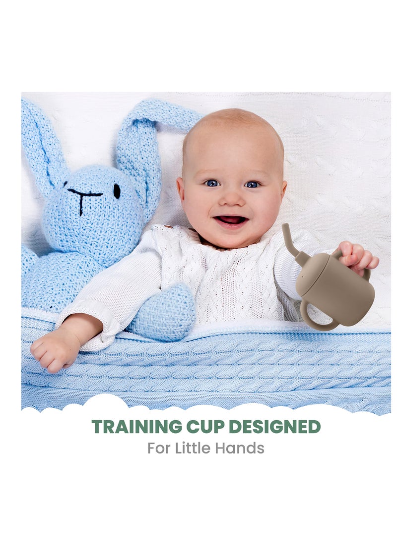 Bebiland - Baby Training Cup 180ml, Silicone Sippy Cup with Handles, Lid and Straw, Spill Proof and Non-Slip Straw Cup for Babies and Toddler (Brown) - Image 1