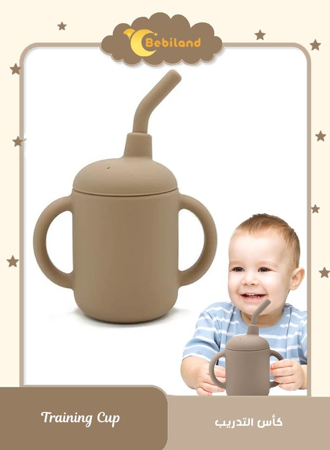 Bebiland Baby Training Cup 180ml, Silicone Sippy Cup with Handles, Lid and Straw, Spill Proof and Non-Slip Straw Cup for Babies and Toddler (Brown) - Image 1