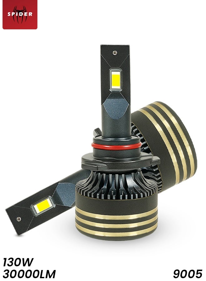 Spider 9005 LED Headlight Bulbs 130W 30000LM 6500K Cool White Super-Focused Beam IP65 Waterproof Aviation Aluminum 6063 DC12V–24V Long Lifespan >30000Hrs All Weather Low Beam Cut-off Line High Power Car & Motorcycle LED Conversion Kit - Image 1
