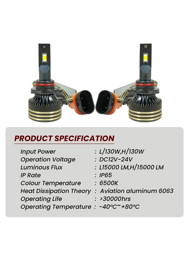 Spider 9005 LED Headlight Bulbs 130W 30000LM 6500K Cool White Super-Focused Beam IP65 Waterproof Aviation Aluminum 6063 DC12V–24V Long Lifespan >30000Hrs All Weather Low Beam Cut-off Line High Power Car & Motorcycle LED Conversion Kit - Image 2