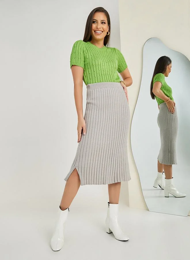 Styli Knit Ribbed Bodycon Midi Skirt With Side Slit