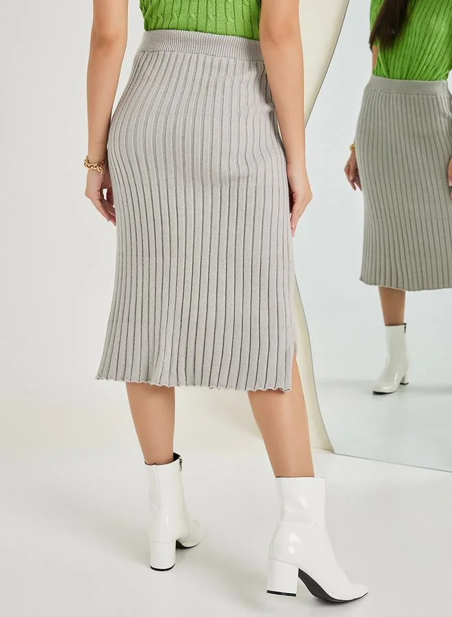 Styli Knit Ribbed Bodycon Midi Skirt With Side Slit