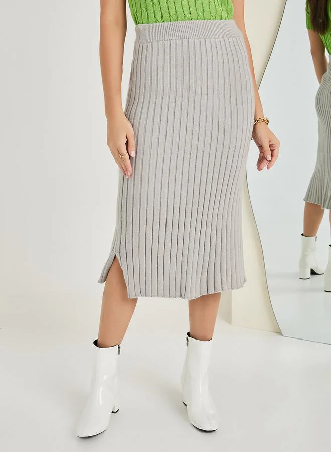Styli Knit Ribbed Bodycon Midi Skirt With Side Slit