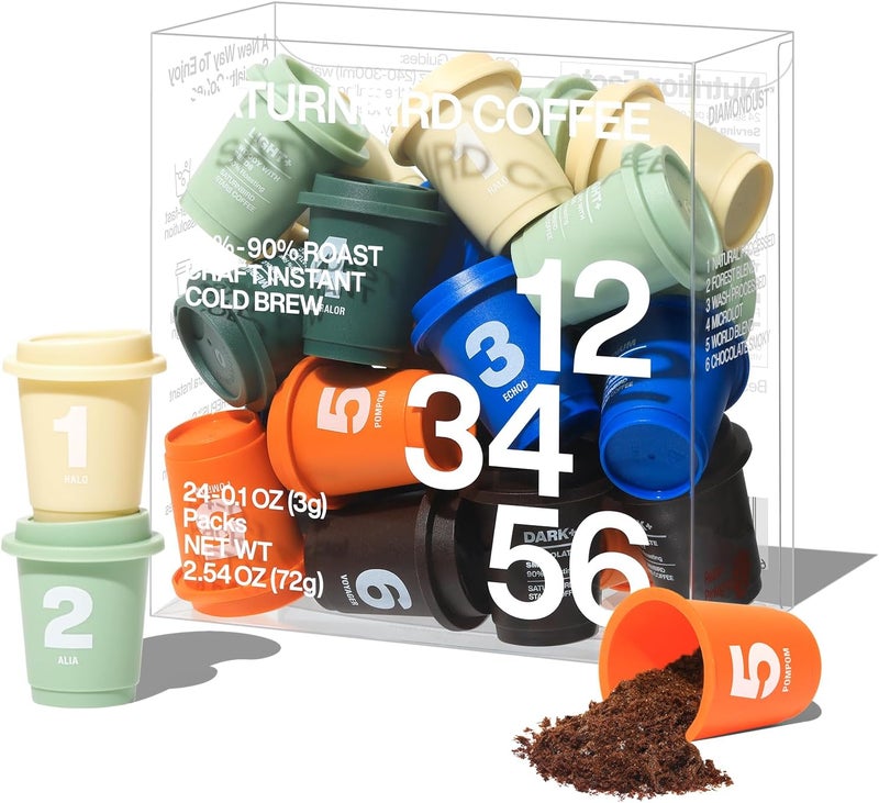 SATURNBIRD Instant Cold Brew Coffee Variety Pack - 24 Single Serves with 6 Roast Levels, 100% Arabica, DIAMONDUST Technology - Image 1