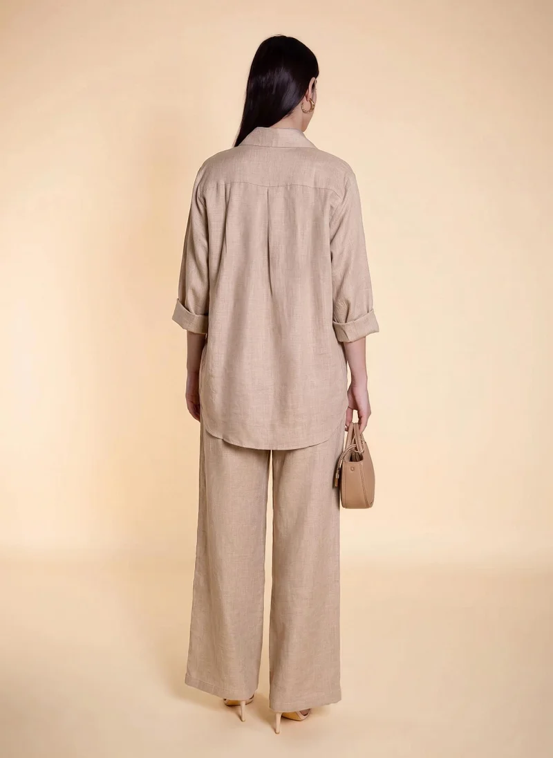 Shapes DARKBEIGE LINEN BLEND SHIRT SET for Women | Best Price UAE