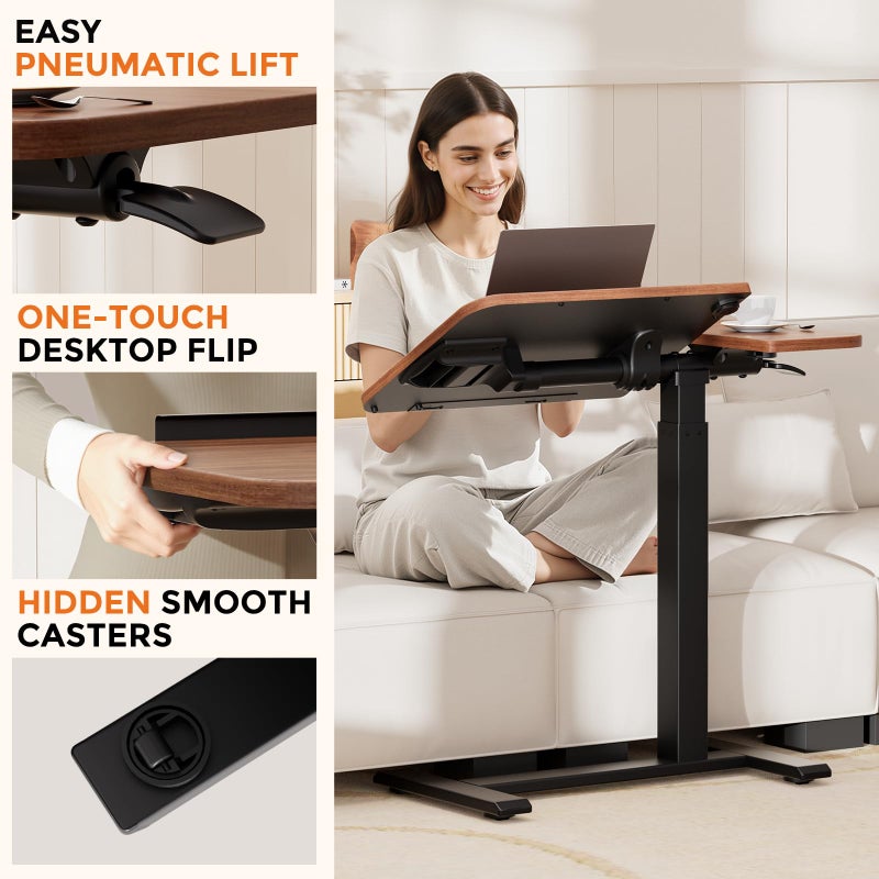 COMHOMA Tiltable Mobile Small Standing Desk, Pneumatic Adjustable Height Overbed Bedside Table with Wheels, Sit Stand Portable Rolling Laptop Desk Computer Workstations, Walnut - Image 5