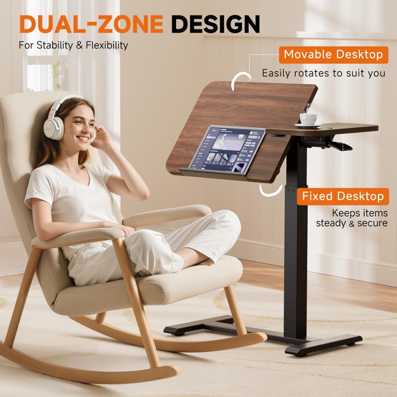 COMHOMA Tiltable Mobile Small Standing Desk, Pneumatic Adjustable Height Overbed Bedside Table with Wheels, Sit Stand Portable Rolling Laptop Desk Computer Workstations, Walnut - Image 4