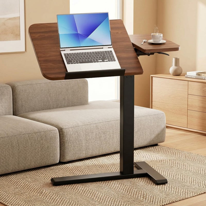 COMHOMA Tiltable Mobile Small Standing Desk, Pneumatic Adjustable Height Overbed Bedside Table with Wheels, Sit Stand Portable Rolling Laptop Desk Computer Workstations, Walnut - Image 1
