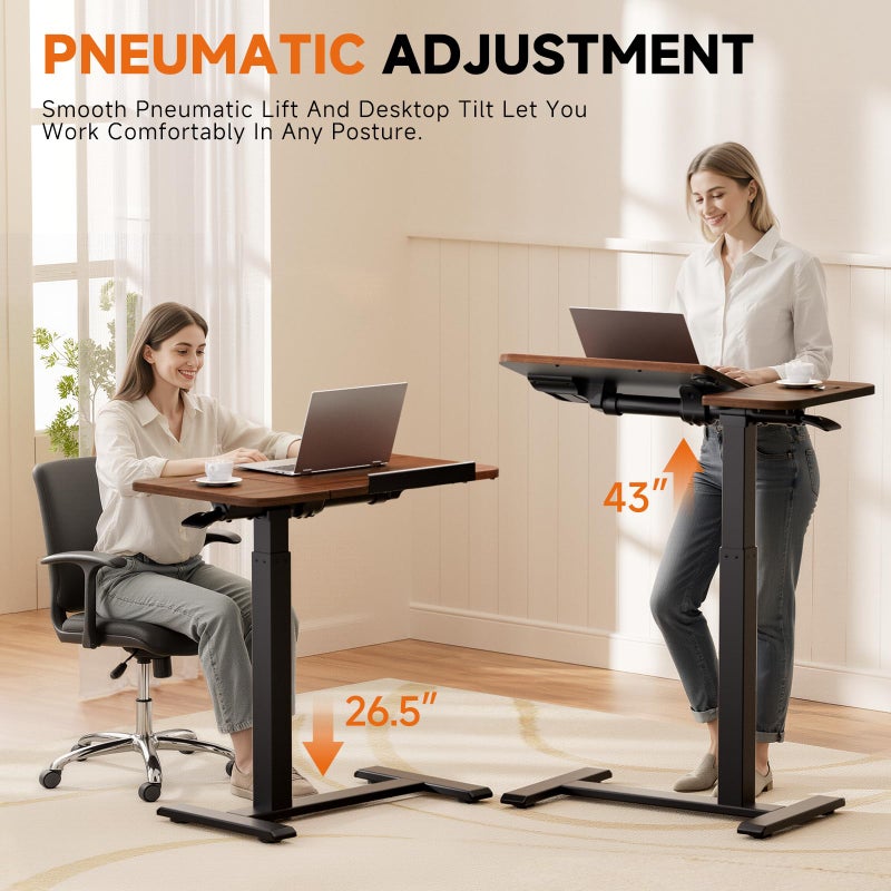 COMHOMA Tiltable Mobile Small Standing Desk, Pneumatic Adjustable Height Overbed Bedside Table with Wheels, Sit Stand Portable Rolling Laptop Desk Computer Workstations, Walnut - Image 3