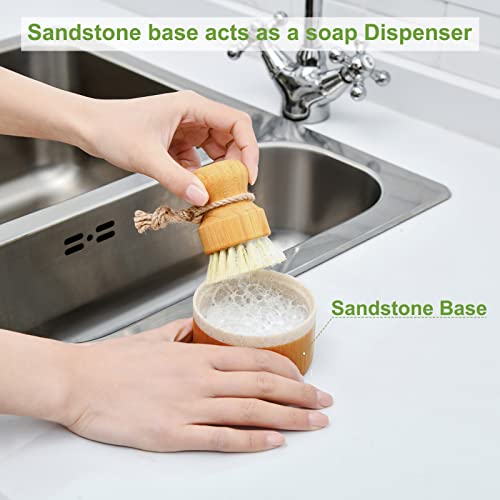 SUBEKYU Bubble Up Bamboo Dish Brush Set with Soap Holder, Wooden Dish Scrubber with Soap Dispenser, Natural Kitchen Scrub Brush, Washing Pot/Pans/Cast Iron, 2 Pack, Sisal Bristles - Image 4