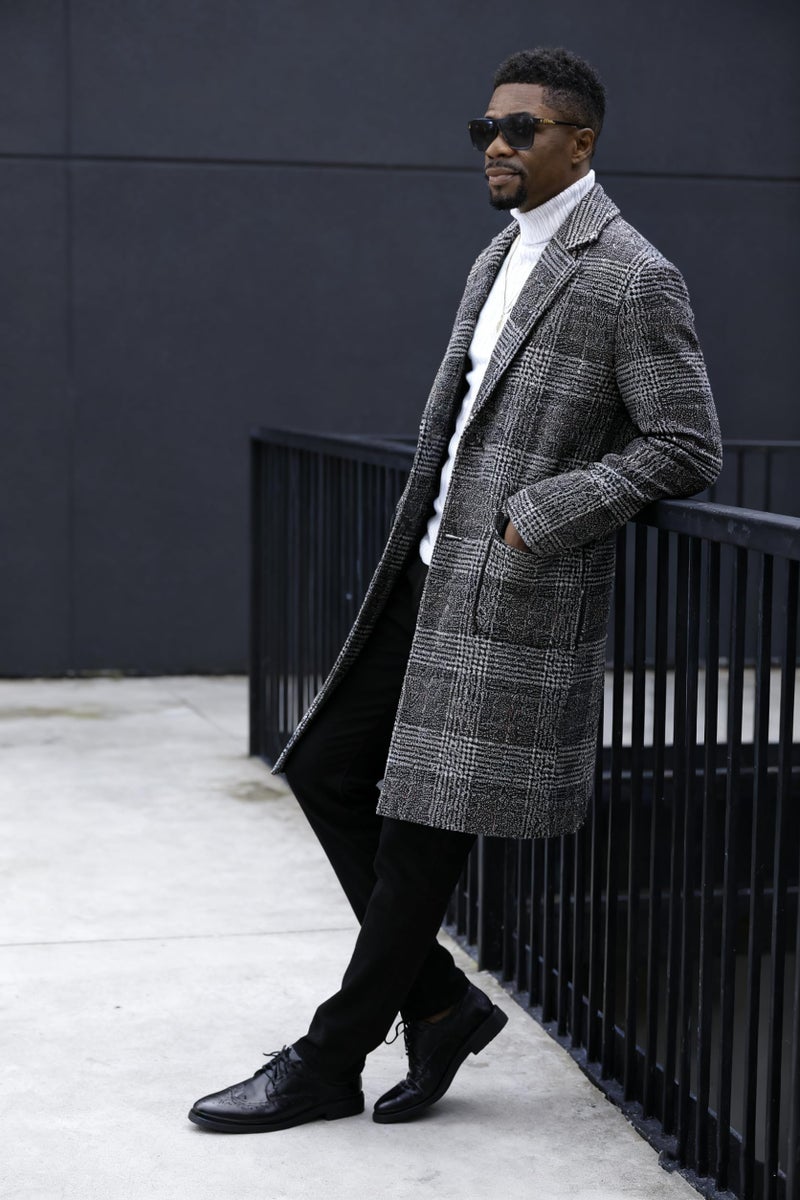 UANEO Mens Trench Coat Single Breasted Plaid Mid Long Peacoat Pea Coats (Dark Gray, S) - Image 2