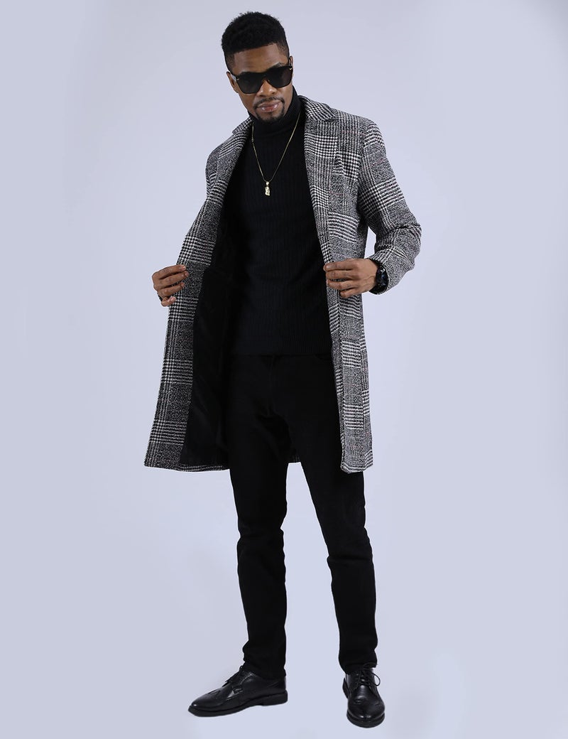 UANEO Mens Trench Coat Single Breasted Plaid Mid Long Peacoat Pea Coats (Dark Gray, S) - Image 5