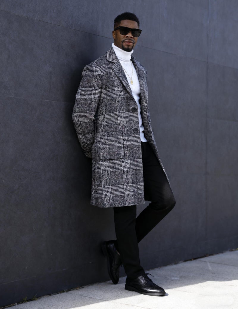 UANEO Mens Trench Coat Single Breasted Plaid Mid Long Peacoat Pea Coats (Dark Gray, S) - Image 3