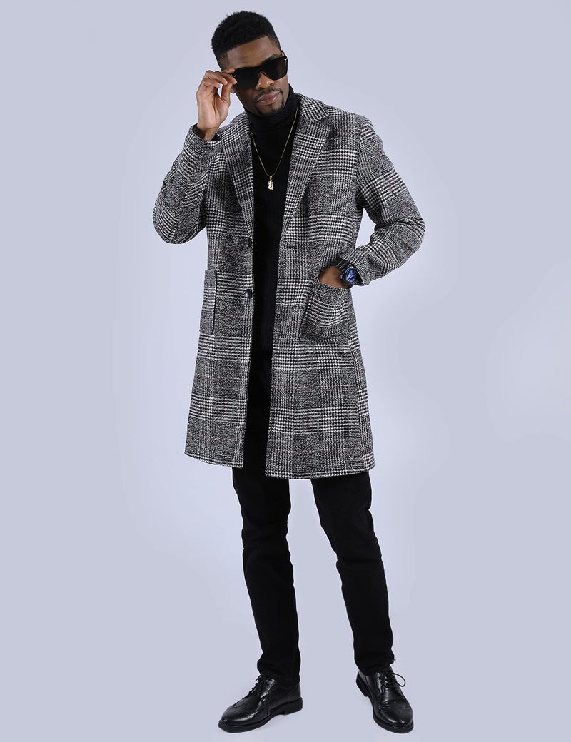 UANEO Mens Trench Coat Single Breasted Plaid Mid Long Peacoat Pea Coats (Dark Gray, S) - Image 4