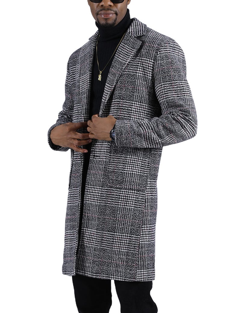 UANEO Mens Trench Coat Single Breasted Plaid Mid Long Peacoat Pea Coats (Dark Gray, S) - Image 1