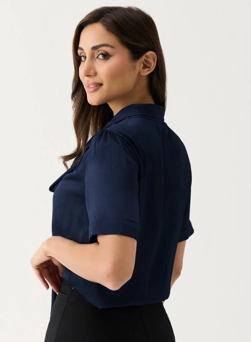 Zigzag  Navy Blue Short Sleeve Neck-Tie Top for Women | Best Price UAE