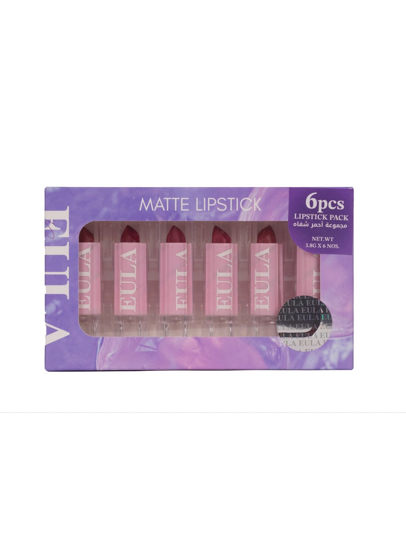 Eula مجموعة أحمر شفاه ماتي الجميل – تركيبة طويلة الأمد، عالية التصبغ، لا تسبب جفاف الشفاه | عبوة من 6 ألوان جريئة | مجموعة أحمر شفاه هدية للنساء - Image 1
