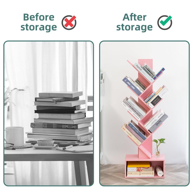 Yoobure Tree Bookshelf - 6 Shelf Retro Floor Standing Bookcase, Tall Wood Book Storage Rack for CDs/Movies/Books, Utility Book Organizer Shelves for Bedroom, Living Room, Home Office Pink - Image 4