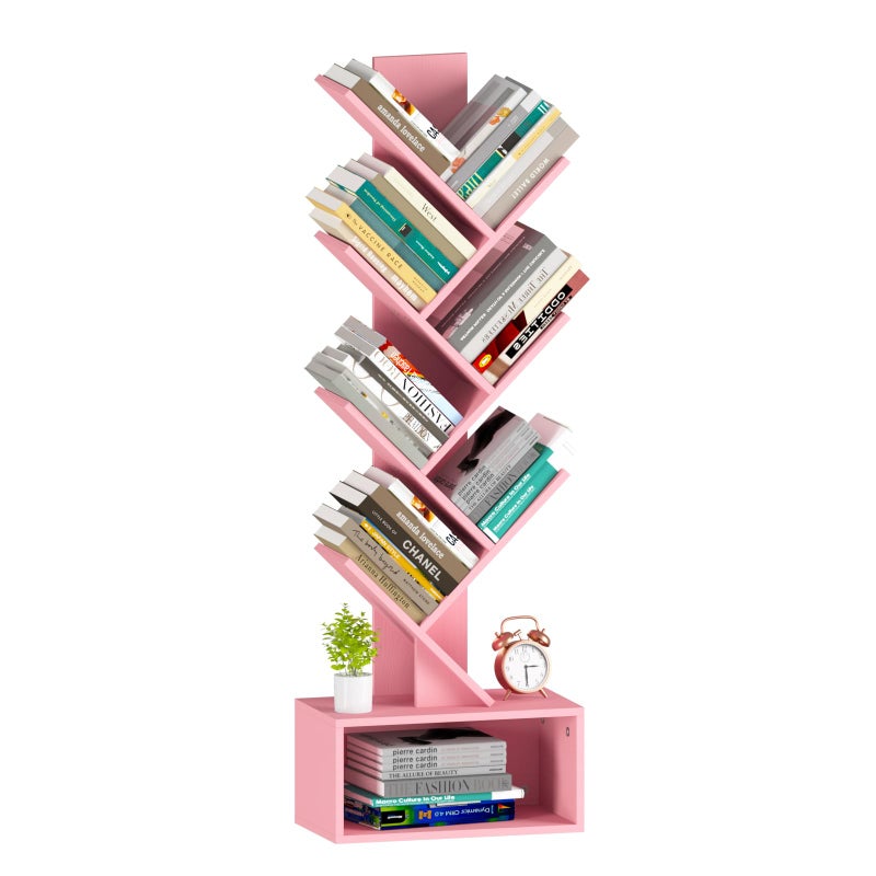 Yoobure Tree Bookshelf - 6 Shelf Retro Floor Standing Bookcase, Tall Wood Book Storage Rack for CDs/Movies/Books, Utility Book Organizer Shelves for Bedroom, Living Room, Home Office Pink - Image 1