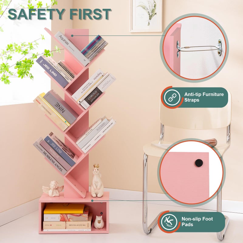 Yoobure Tree Bookshelf - 6 Shelf Retro Floor Standing Bookcase, Tall Wood Book Storage Rack for CDs/Movies/Books, Utility Book Organizer Shelves for Bedroom, Living Room, Home Office Pink - Image 3
