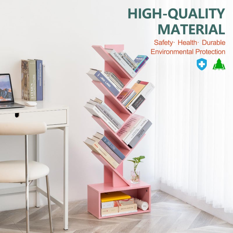 Yoobure Tree Bookshelf - 6 Shelf Retro Floor Standing Bookcase, Tall Wood Book Storage Rack for CDs/Movies/Books, Utility Book Organizer Shelves for Bedroom, Living Room, Home Office Pink - Image 5