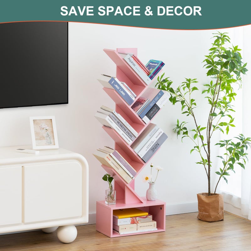 Yoobure Tree Bookshelf - 6 Shelf Retro Floor Standing Bookcase, Tall Wood Book Storage Rack for CDs/Movies/Books, Utility Book Organizer Shelves for Bedroom, Living Room, Home Office Pink - Image 2