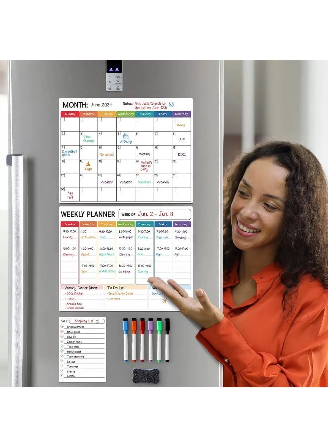 JoyousSto Magnetic Dry Erase Calendar Whiteboard for Refrigerator 3 Boards Included Monthly Weekly Daily Calendar Whiteboard for Family Planner Kitchen Schedule Board 6 Markers 1 Eraser - Image 1