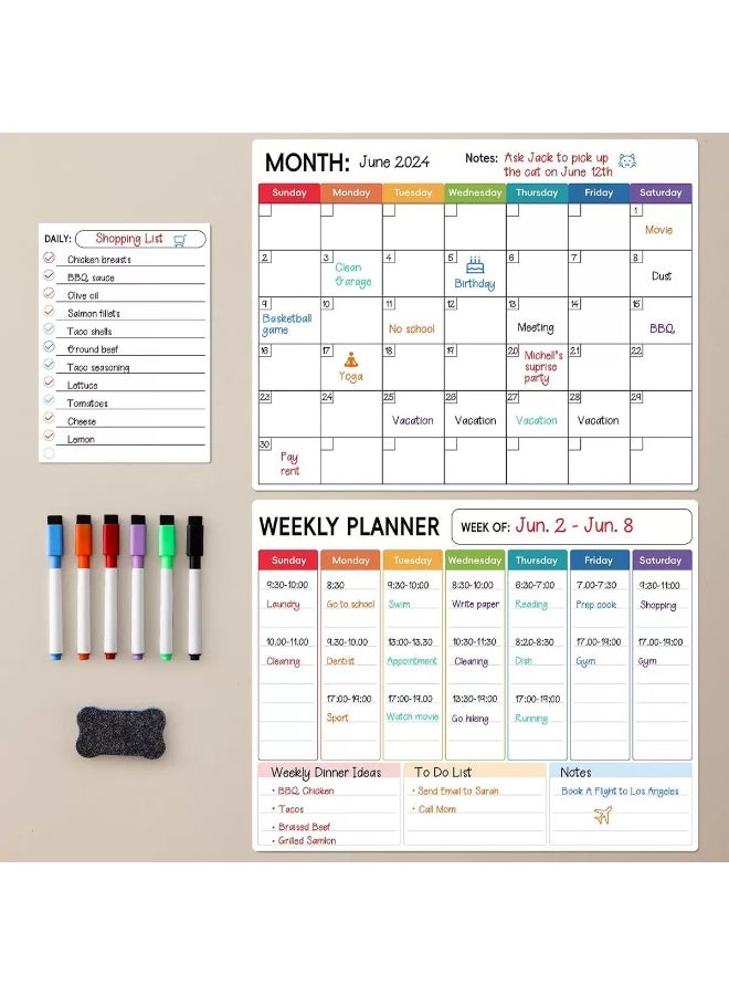 JoyousSto Magnetic Dry Erase Calendar Whiteboard for Refrigerator 3 Boards Included Monthly Weekly Daily Calendar Whiteboard for Family Planner Kitchen Schedule Board 6 Markers 1 Eraser - Image 2