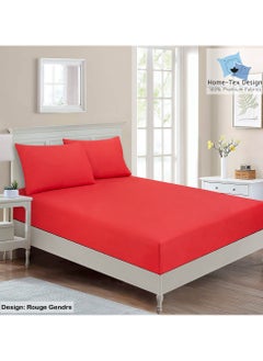 Home-Tex Design Hometex Design Premium 100% Long Stable Cotton Fitted Bed Sheet Set Queen Size 1 Fitted Sheet 160x200 cm and 2 Pillow Covers 50x80 cm with All Around Elastic Rouge Gendre 