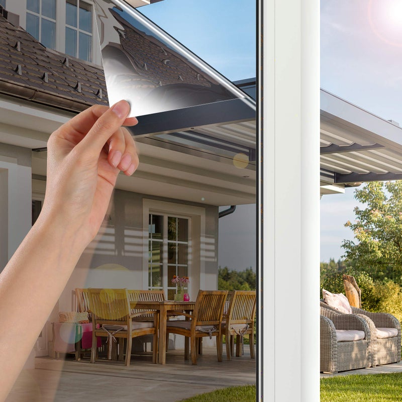 WAENLIR One Way Window Privacy Film Anti UV Heat Control Static Cling Mirror Reflective Window Tint for Home Office Daytime Privacy Non adhesive Black Sliver 60x200 cm