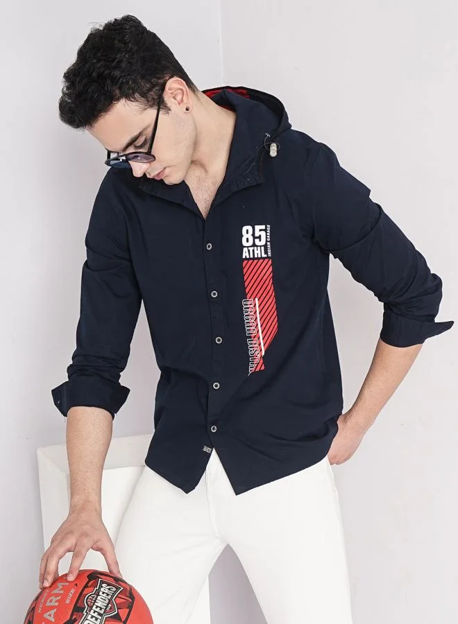 The Indian Garage Co Men Slim Fit Solid Full Sleeves Hooded Casual Hooded Shirt