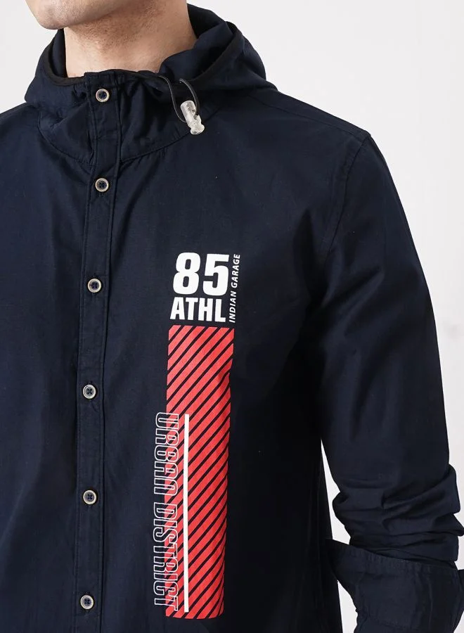 The Indian Garage Co Men Slim Fit Solid Full Sleeves Hooded Casual Hooded Shirt