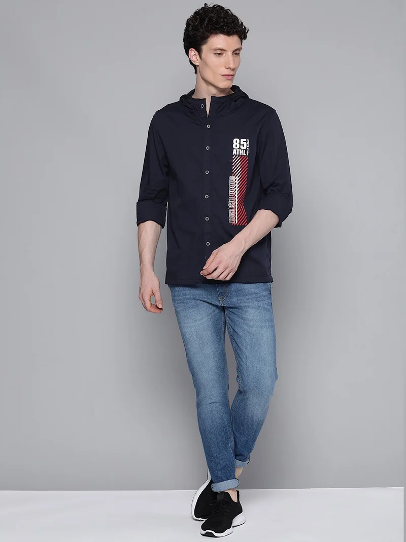 The Indian Garage Co Men Slim Fit Solid Full Sleeves Hooded Casual Hooded Shirt