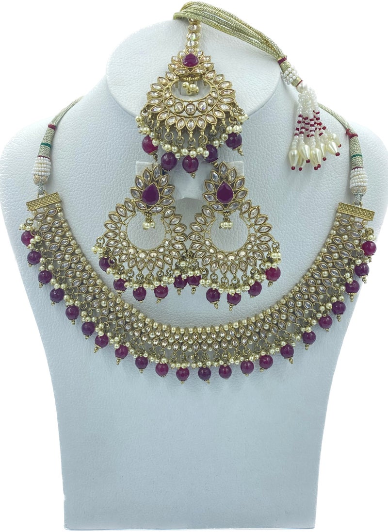 GOHONA GOHONA Royal Bling Bollywood Traditional Indian  Jewelry Necklace With Earrings Set and 1 Tikka in Maroon colour  - Image 1