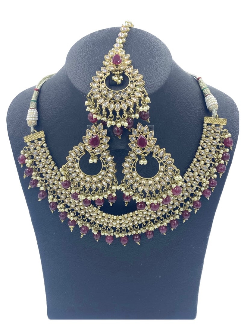 GOHONA GOHONA Royal Bling Bollywood Traditional Indian  Jewelry Necklace With Earrings Set and 1 Tikka in Maroon colour  - Image 2