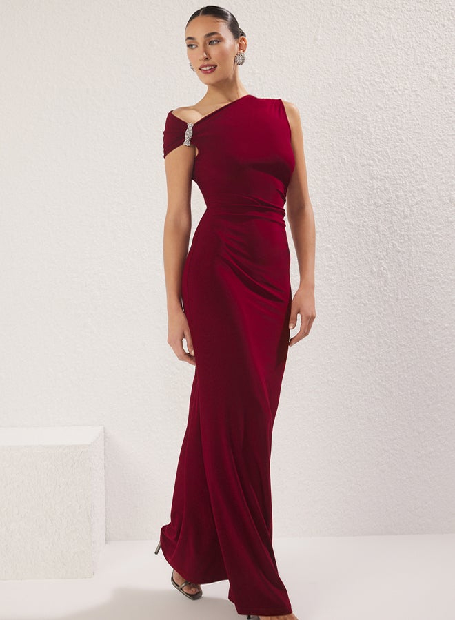 trendyol Burgundy Body-fitting Stone Accessory Woven Long Elegant Evening Night Graduation Dress - Image 2